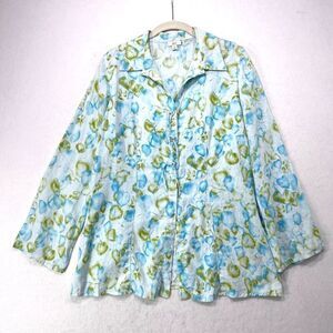 J Jill Shirt Women Small White Blue Green 100% Linen Abstract Watercolor Pattern